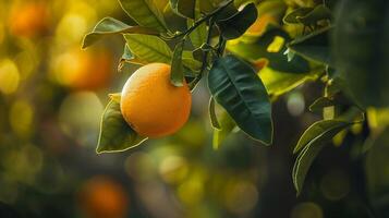 närbild av en mogen orange på en träd orange träd citrus- x sinensis l med grön löv suddig bakgrund soller dal biniaraix mallorca Spanien Europa, foto