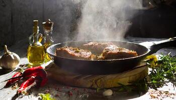 utsökt kött insatser kokta på en panorera. trä- skärande styrelse med kryddor och olja foto
