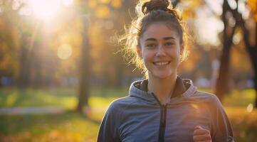 en kvinna löpare löpning och joggning i en parkera. aktiva livsstil, Träning för uthållighet foto