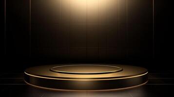 minimalistisk podium i svart och guld med strålkastare för produkt presentation foto