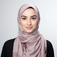 porträtt av en ung kvinna bär en hijab för mode och kläder reklam foto