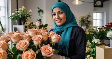 muslim kvinna blomsterhandlare samlar bukett av rosor- färsk skära blommor i vaser i blomma affär och kuggstänger för försäljning, leverans för de Semester. vår, Mars 8, kvinnors dag, födelsedag foto