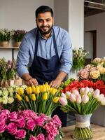 muslim man blomsterhandlare samlar bukett av tulpaner- färsk skära blommor i lådor och vaser i blomma affär och kuggstänger för försäljning, leverans för de Semester. vår, Mars 8, kvinnors dag, födelsedag. foto
