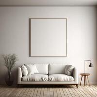 trä- ram med tom vit duk i modern levande rum, minimalistisk, attrapp foto