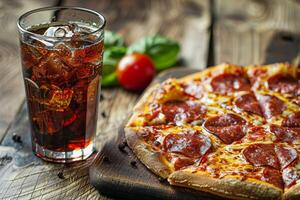 gott salami pizza med en mjuk dryck på en restaurang tabell foto