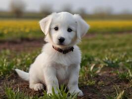 gyllene retriever valp utanför i de parkera på de gräs . foto