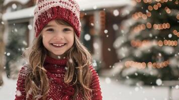 porträtt av en skön ung kvinna i en röd Tröja och hatt på de bakgrund av en jul träd. foto