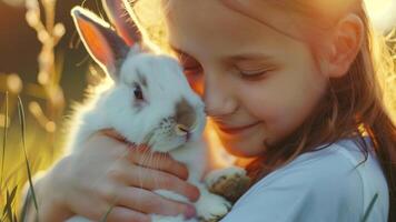 liten flicka med en vit kanin i henne vapen. selektiv fokus. foto