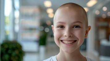 Lycklig cancer patient. leende flicka efter kemoterapi behandling på sjukhus onkologi avdelning foto