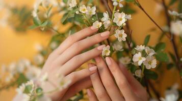 kvinnors händer med naturlig manikyr på bakgrund med blomma blommor. foto