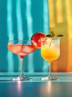 årgång cocktails dryck på blå och orange bakgrund. alkohol fri dryck i retro stil foto