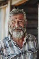en Lycklig gammal man med grå hår och en skägg bär en pläd skjorta. foto