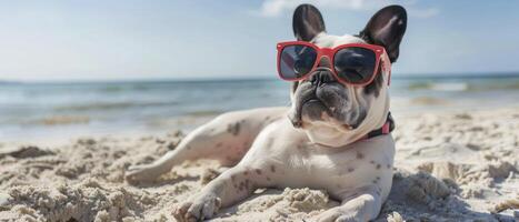 franska bulldogg njuter på de sand i de hav medan bär solglasögon foto