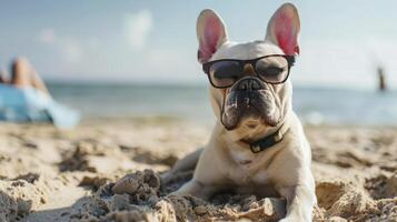 franska bulldogg njuter på de sand i de hav medan bär solglasögon foto