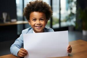 Lycklig liten pojke innehav stor tom vit papper för text eller kommentarer. foto