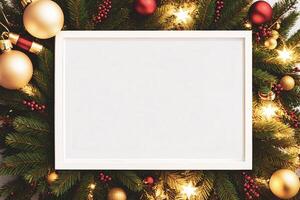 vit horisontell tom ram med jul leksaker bakgrund foto