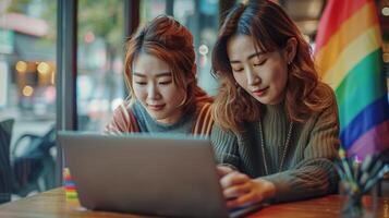 två asiatisk kvinnor använder sig av bärbar dator dator på kaffe affär. HBTQ begrepp. foto