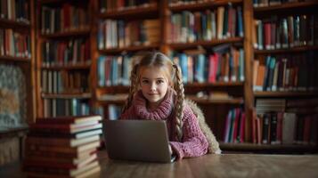 porträtt av leende flicka studerande använder sig av bärbar dator medan Sammanträde på tabell i bibliotek foto