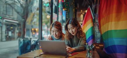 två asiatisk kvinnor använder sig av bärbar dator dator på kaffe affär. HBTQ begrepp. foto