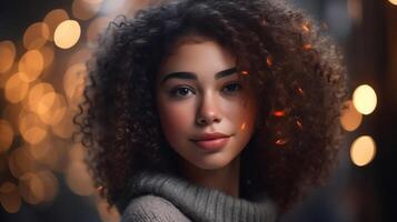 porträtt av skön ung kvinna med afro frisyr och smink foto