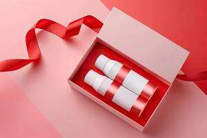 röd gåva låda med kort kosmetisk rör på rosa yta. foto