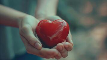 hand innehav en röd hjärta valentines dag kärlek årgång tona foto