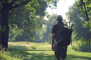 golf spelare i en svart skjorta gående med en väska av golf klubbar på hans tillbaka på en golf kurs. foto