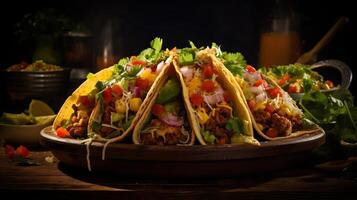tacos med färsk pålägg och krämig sås. mexikansk kök häfta med en vibrerande presentation. begrepp av traditionell mexikansk mat, tillfällig middag, och smakrik måltider. mörk. foto