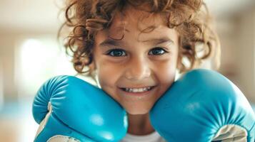 leende caucasian pojke med blå boxning handskar. glad ung boxare i Gym klädsel redo till tåg. barn boxare. begrepp av friska livsstil, kondition Träning, barndom aktivitet, fysisk utbildning. foto