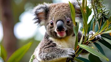 älskvärd bebis koala vilar mitt i eukalyptus lövverk. vibrerande närbild av en fluffig australier pungdjur. begrepp av vilda djur och växter bevarande, naturlig livsmiljöer, och förtjusande vild djur. foto