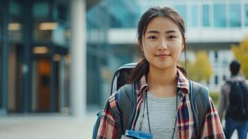 leende asiatisk kvinna studerande på universitet campus utomhus. ung flykting kvinna med ryggsäck. begrepp av invandrare utbildning, flykting integration, mångfald, kulturell utbyta, akademisk strävan. foto