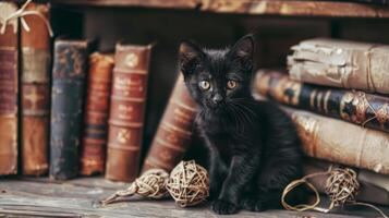 hedrande böcker bevakad förbi en svart kattunge. lugn bibliotek miljö med en Rör av kattdjur charm. begrepp av vetenskaplig lugn, tidlös läsning, och de locka av en kattens närvaro foto