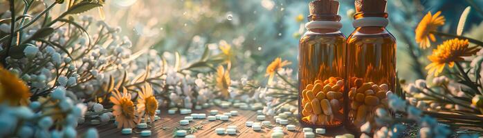 bärnsten glas flaskor med homeopati piller bland blomning vilda blommor. begrepp av homeopati, botanisk medicin, holistiskt hälsa, naturlig läkemedel, alternativ medicin. baner. kopia Plats. foto