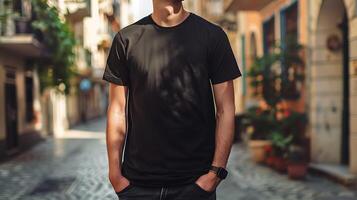 ung modell skjorta mockup, pojke bär svart t-shirt på gata i dagsljus, skjorta attrapp foto