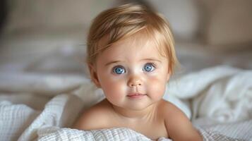 en bebis med blå ögon lugnt om på en säng foto