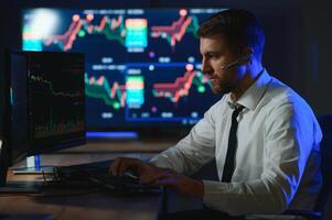 finansiell analytiker och dag handlare arbetssätt på en datorer med flerskärm foto