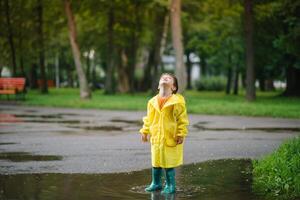 liten pojke spelar i regnig sommar parkera. barn med paraply, vattentät täcka och stövlar Hoppar i pöl och lera i de regn. unge gående i sommar regn utomhus- roligt förbi några väder. Lycklig barndom foto