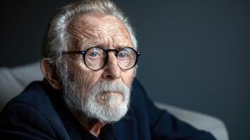 ett äldre man bär glasögon är sittande i en stol foto