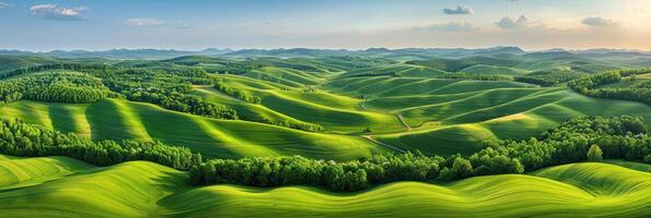 en målning skildrar grön kullar och träd i en lugn landskap foto