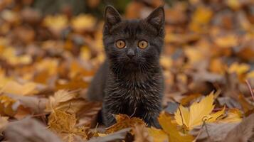 svart katt Sammanträde lugnt i en lugg av fallen höst löv foto