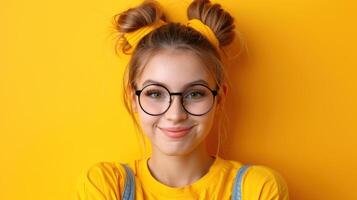ung flicka med glasögon och gul skjorta foto