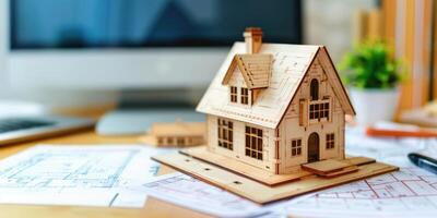 trä- modell av en hus på en tabell med ritningar och hus layout. hyra hus och verklig egendom begrepp. foto