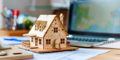 trä- modell av en hus på en tabell med ritningar och hus layout. Hem konstruktion och verklig egendom begrepp. foto
