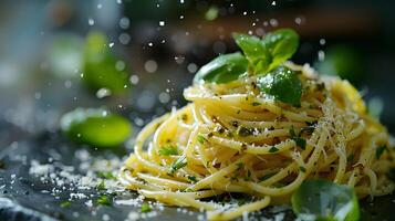 gourmet spaghetti med basilika och parmesan foto