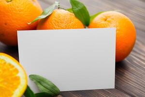 genererad bildvit papper attrapp upplivad förbi de snygghet aura av färsk apelsiner, crafting en visuell symfoni av kulinariska överflöd och hälsosam design foto