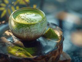 matcha latte i en skön keramisk mugg, texturerad bakgrund. estetisk Foto