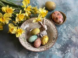 en skål av påsk ägg och kanin med gul blommor i de bakgrund. skön dekor, estetisk Foto