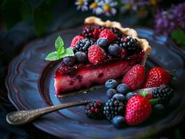 en bit av bär cheesecake på en skön tallrik. cheesecake dekorerad med hallon, jordgubbar, blåbär och björnbär, mynta och pulveriserad socker. estetisk Foto