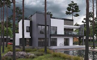 3d framställa av en modern privat hus i de skog med en simning slå samman foto