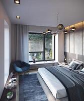 3d tolkning av en modern sovrum av en privat hus, rum med en se foto